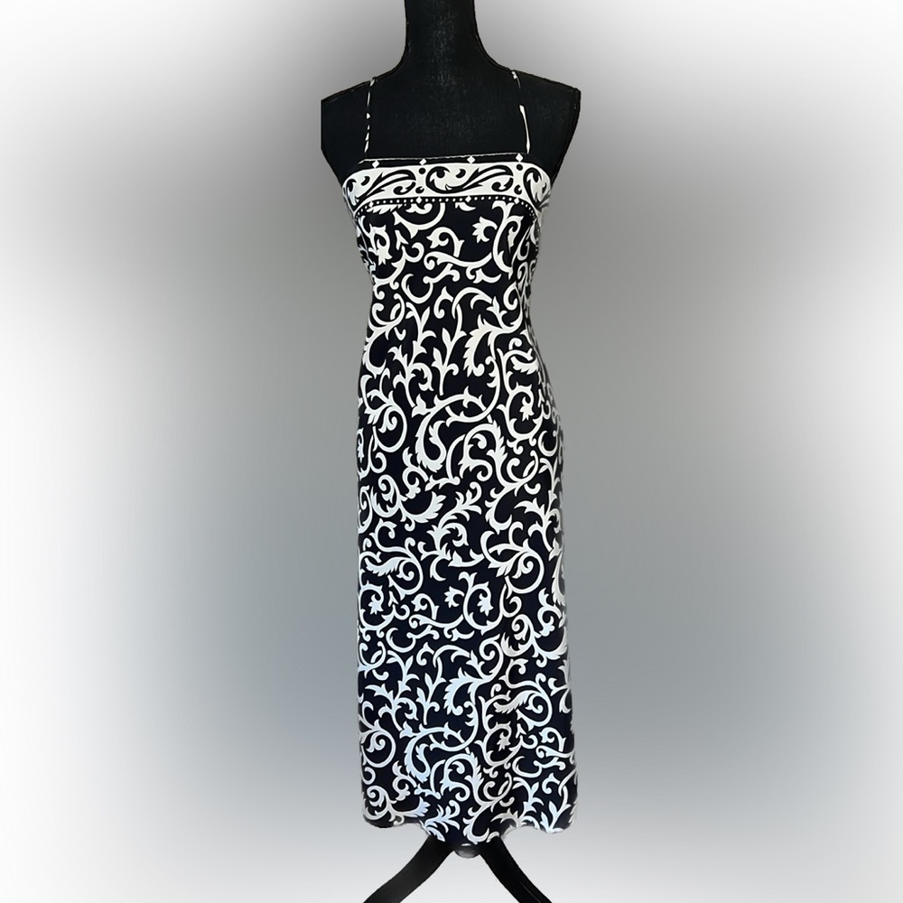 Vintage 90’s Cross Back Tilip Hem Slip Dress; Bold Graphic Black and White - Picture 1 of 9